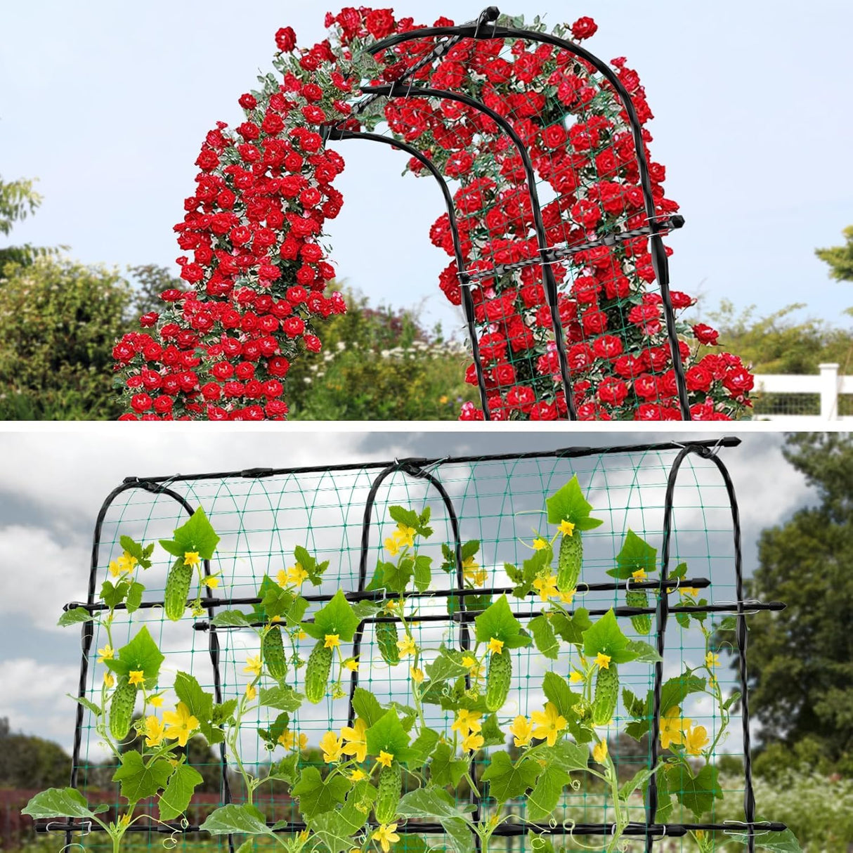 whiffee 7.3FT Cucumber Trellis for Raised Bed, Garden Arch Trellis with Net
