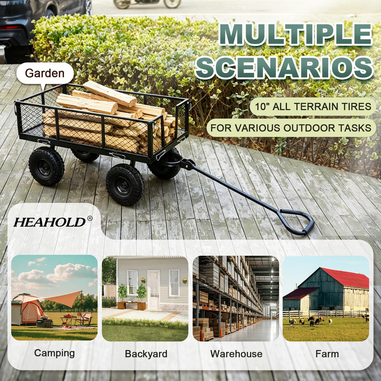 HEAHOLD Heavy Duty Garden Wagon Cart – 880 LBS Steel Utility Cart with All-Terrain 3.50-4" Solid Wheels, 10" Tires, 180° Rotating Handle, Removable Sides, Laser-Welded Frame