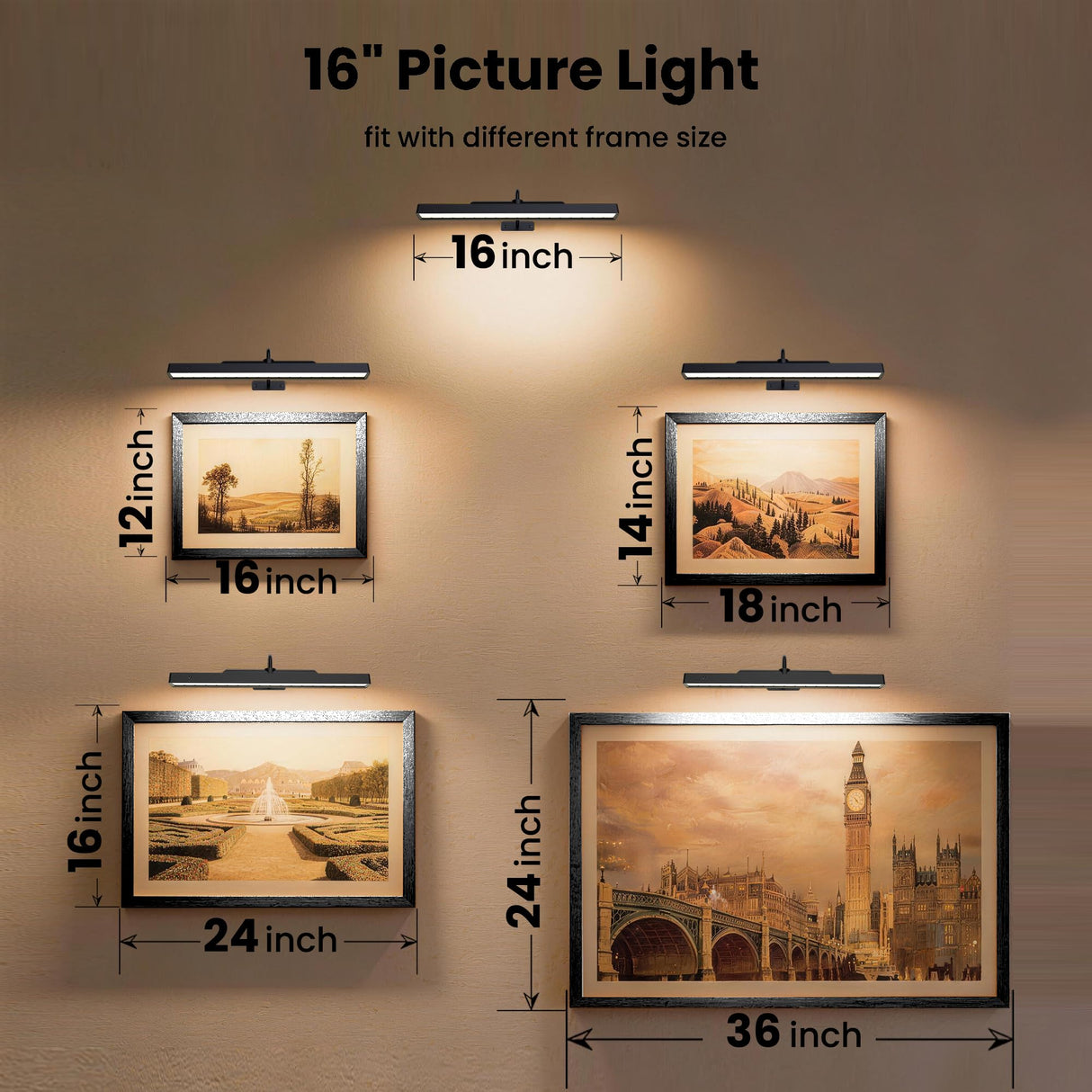 Craftersmark Dimmable Cordless Picture Light for Wall 16in, 5000mAh Rechargeable Battery Wall Sconce Art Light, CRI 95+ 350LM Wall Light for Gallery Artwork, Paintings, Photo,Portraits - Black