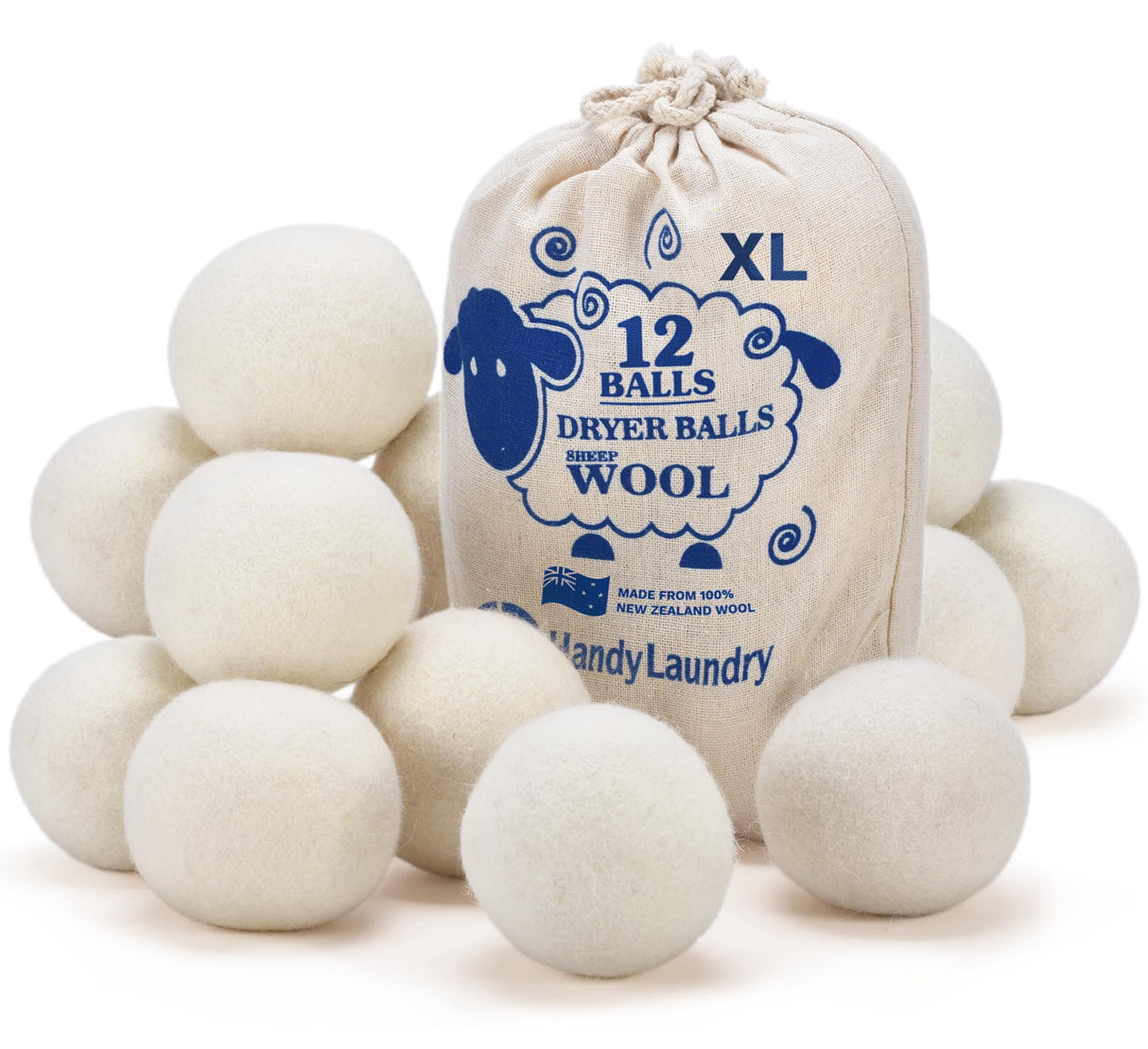 Handy Laundry Wool Dryer Balls - Natural Fabric Softener, Reusable, Reduces Clothing Wrinkles and Saves Drying Time, Better Alternative to Plastic Balls and Liquid Softener (Pack of 12)
