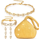 MTLEE 4 Pieces Rhinestone Necklace Choker Bracelet Earring Clutch Purses Jewelry Set Women Crystal Triangle Bling Diamond Purse Rhinestone Bag for Wedding Party (Gold)