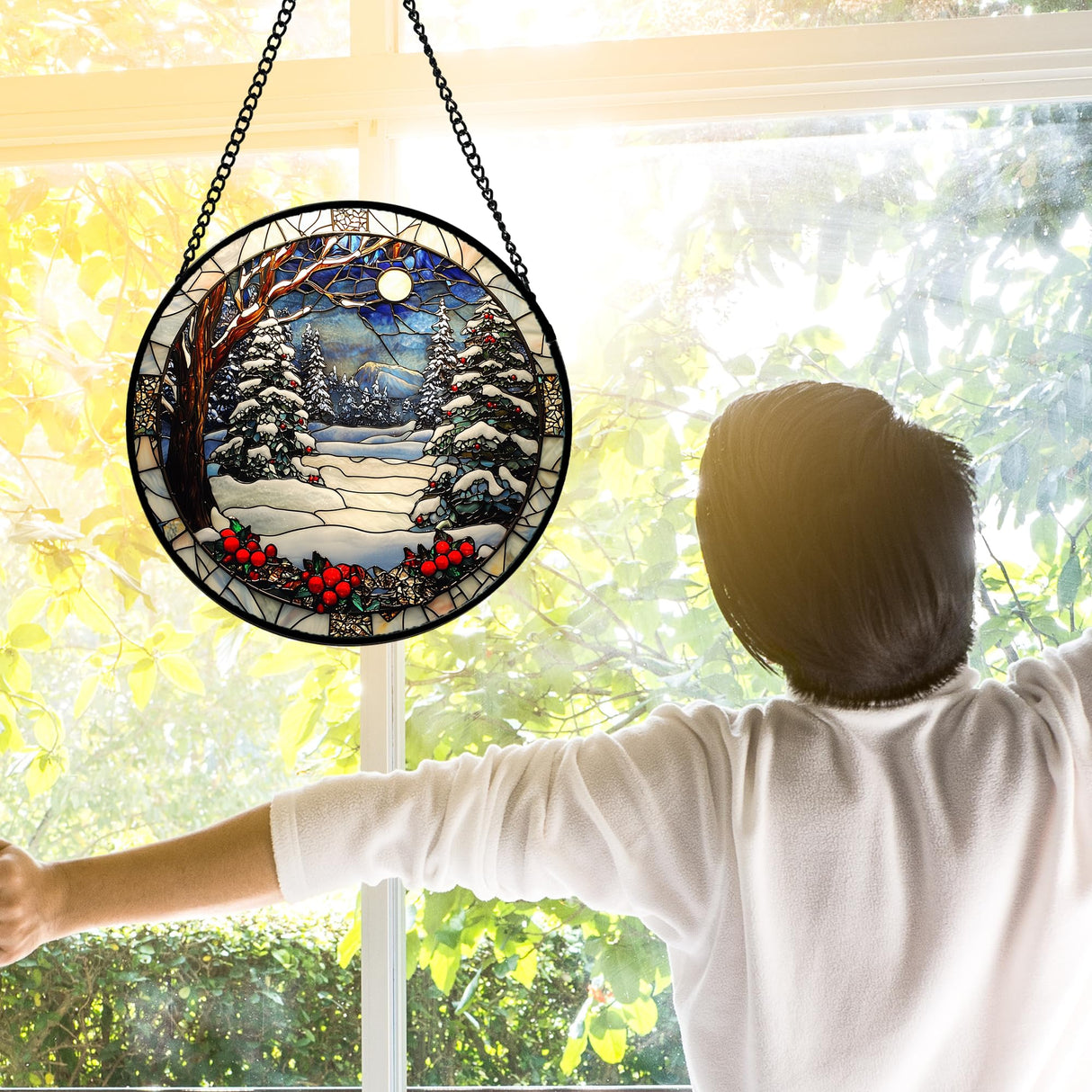 DASTOLL Stained Glass Window Hanging Christmas Tree Winter Snow Night Scenery 7.8" - Suncatcher Door Garden Kitchen Sun Catcher Home Decor Birthday for Mom Men Woman Friend