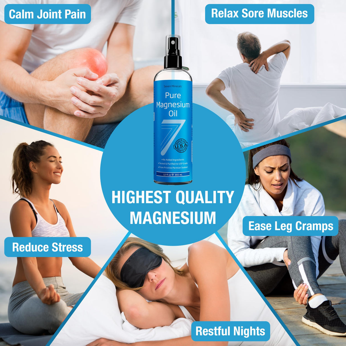 Seven Minerals Pure Magnesium Oil Spray, Big 12oz, USP Grade, Extra Strength, for Feet, Sleep, Muscle Pain & Cramps - Mined in The USA