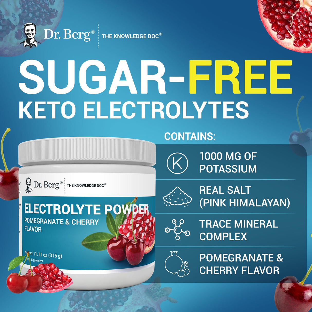 Dr. Berg Zero Sugar Hydration Keto Electrolyte Powder - Enhanced w/ 1000 mg of Potassium & Real Pink Himalayan Salt (NOT Table Salt) - Pomegranate and Cherry Hydration Drink Supplement - 50 Servings