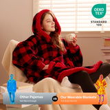Giggling Getup Wearable Blanket Hoodie for Adults Gifts for Teen Girls Sister Women Sherpa Fleece Printed Hooded Blanket Sweatshirt Warm Cozy with Pocket & Sleeves Red and Black Plaid