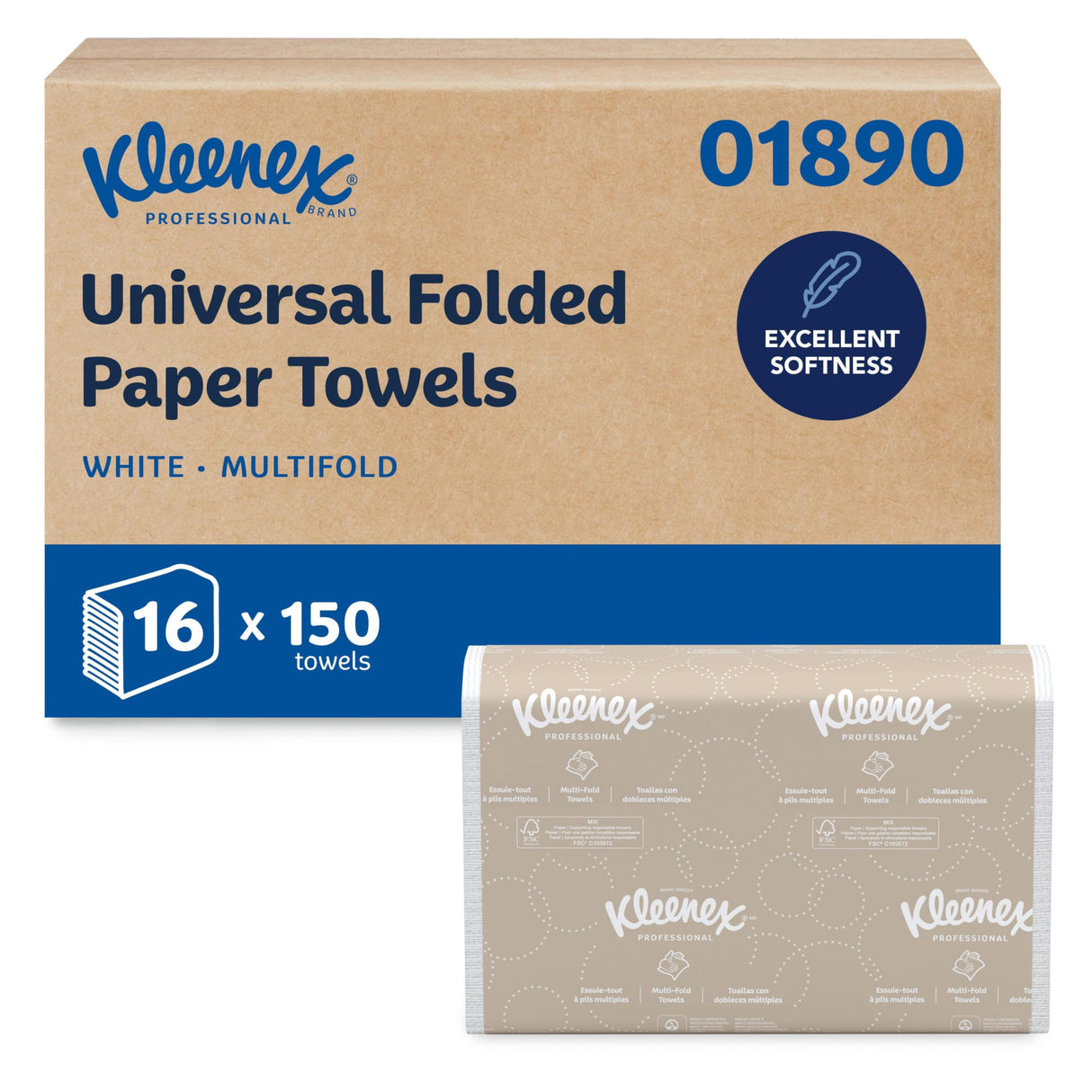 Kleenex Professional Universal Multifold Paper Towels, Bulk (01890), Absorbency Pockets, 9.2" x 9.4" Towel, White (150 Sheets/Pack, 16 Packs/Case, 2,400 Sheet Total)