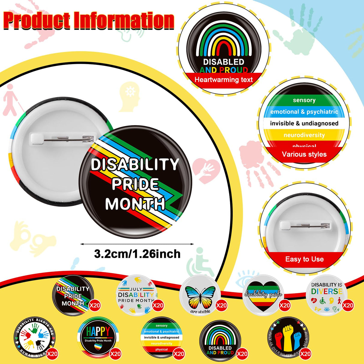 200 Disability Pride Month Pins Buttons 1.26" Round Lapel Badges Equality