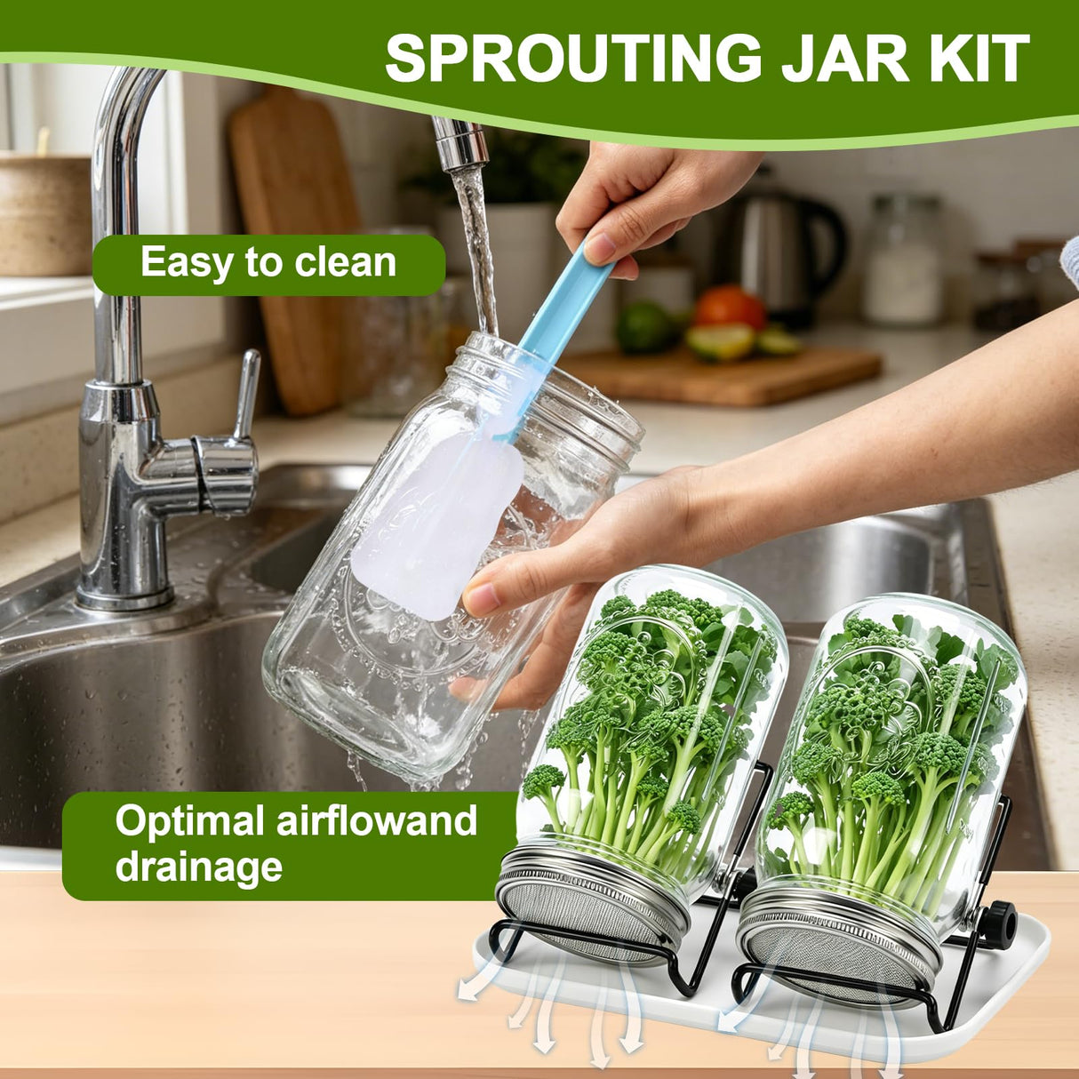 Broccoli Sprout Growing Kit, 2 Large 1000ML Wide Mouth Mason Jars with Sprout Lids, Stainless Steel Stand, Blackout Sleeves, Cleaning Brush, Drain Tray- Grow Broccoli, Alfalfa & Bean Microgreens