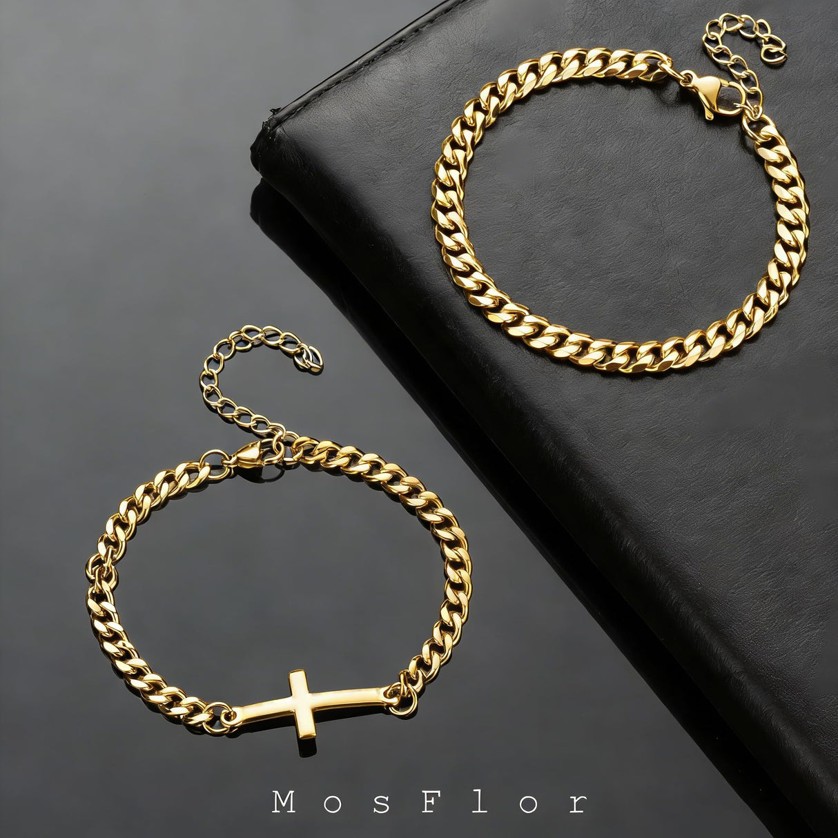 MosFlor Gold Cross Bracelets for Men, Mens Gold Bracelet Set Stainless Steel Cuban Link Chain Bracelets Stack Gold Jewelry Men's Accessories Gifts for Men Dad Him Husband Son Boyfriend