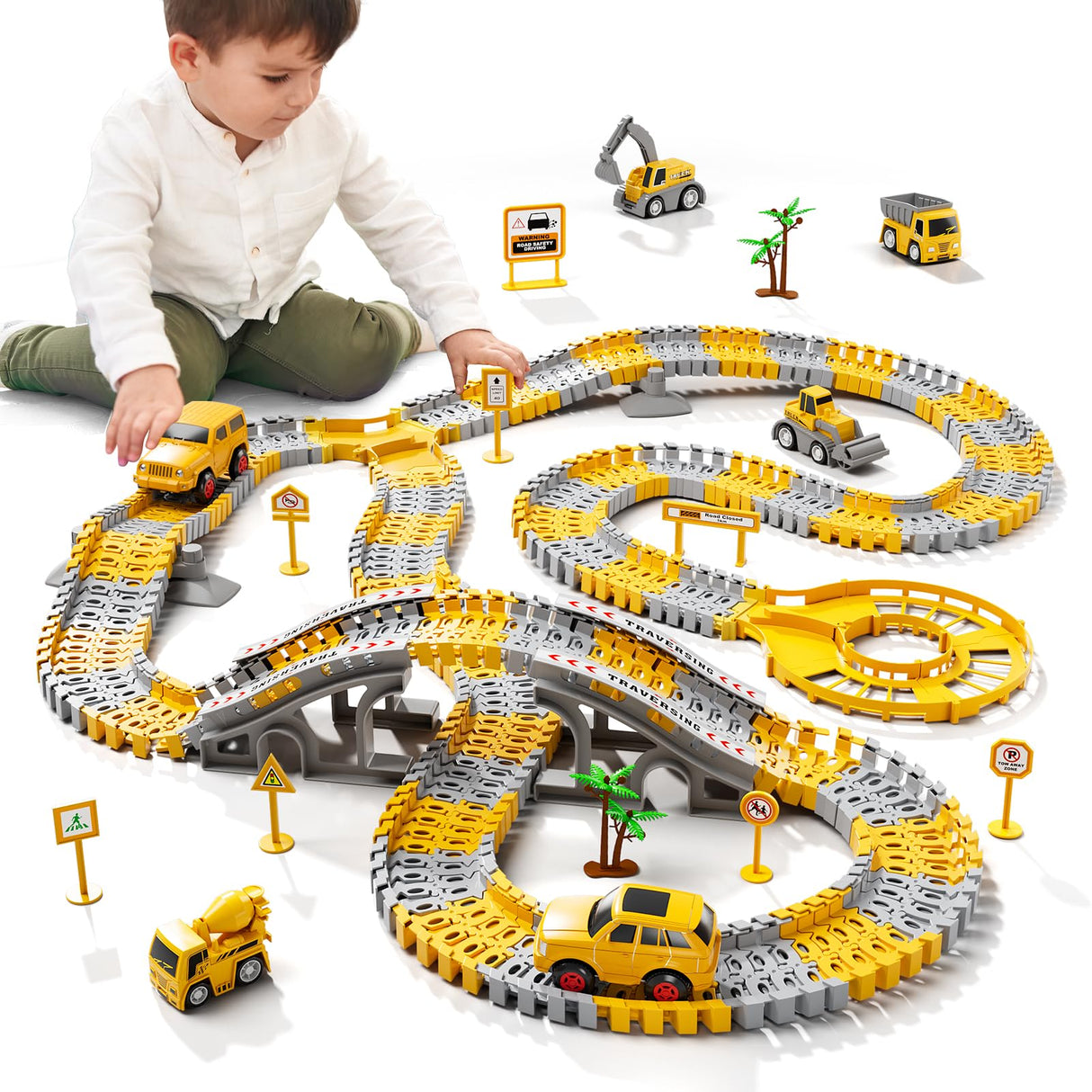 iHaHa Toddler Boy Toys 236 PCS Race Tracks Toys Gifts for 3 4 5 Year Old Boys Kids, 6 PCS Construction Car Toys Gifts for 2 3 4 5 Year Old Boys, Christmas Birthday Gifts Toys for 3 4 5 Year Old Boys