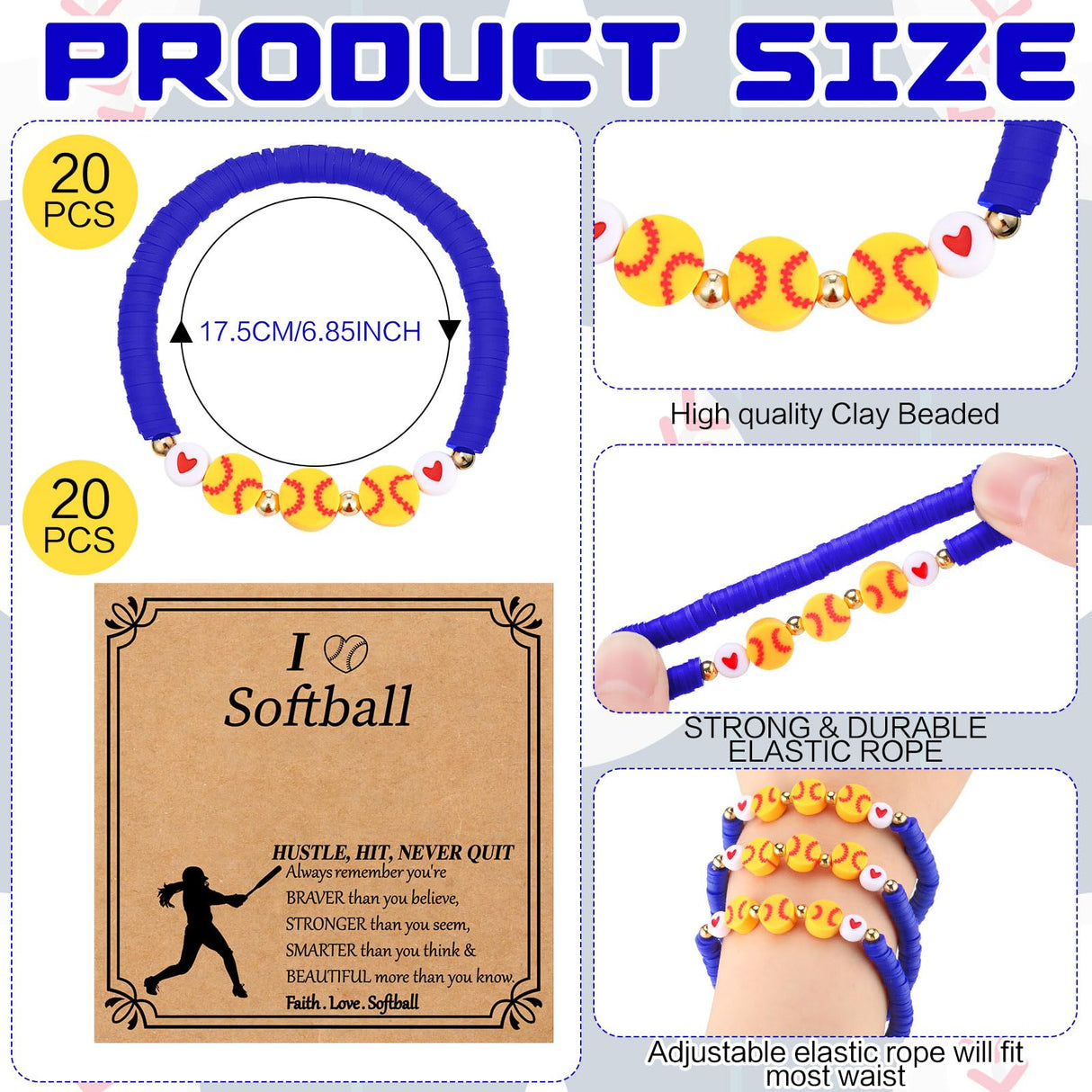 Ecation 20 Set Softball Bracelets Team Gift Bulk Softball Senior Night Adjustable Bead Ball Charm Bracelet with Inspirational Card for Sport Team Sport Lovers Player Gifts Birthday Party(Blue)