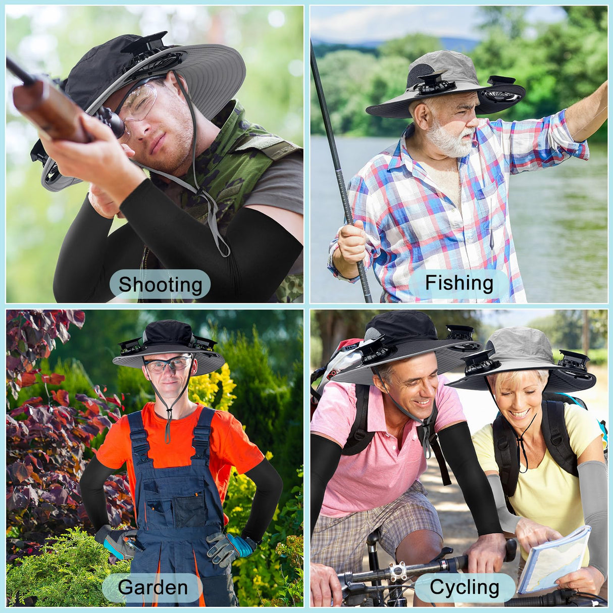 Glitopper 2 Set Wide Brim Solar Fan Hats with 2 Solar Fan and Arm Sleeves Set Outdoor Fishing Bucket Hat for Men Women Hiking(Black and Light Gray,Simplicity)