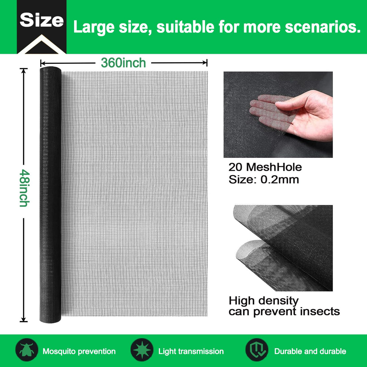 QWR Pet Proof Window Screen and Screen Door Replacement, 48"x 360" Upgraded Durable Thickened Vinyl Coated Wire-Like Mesh for Sliding Screen Door,Patio,Windows(Rolled Package Without Tool Kit)