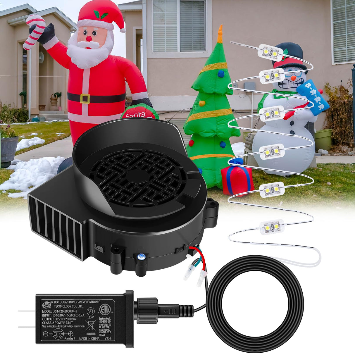 Landhoow Inflatable Replacement Fan Blower 12v 1.5a Air Blower Fan for Inflatables with 6 Adapter LED Lights Waterproof for Halloween Christmas Outdoor Yard Decorations