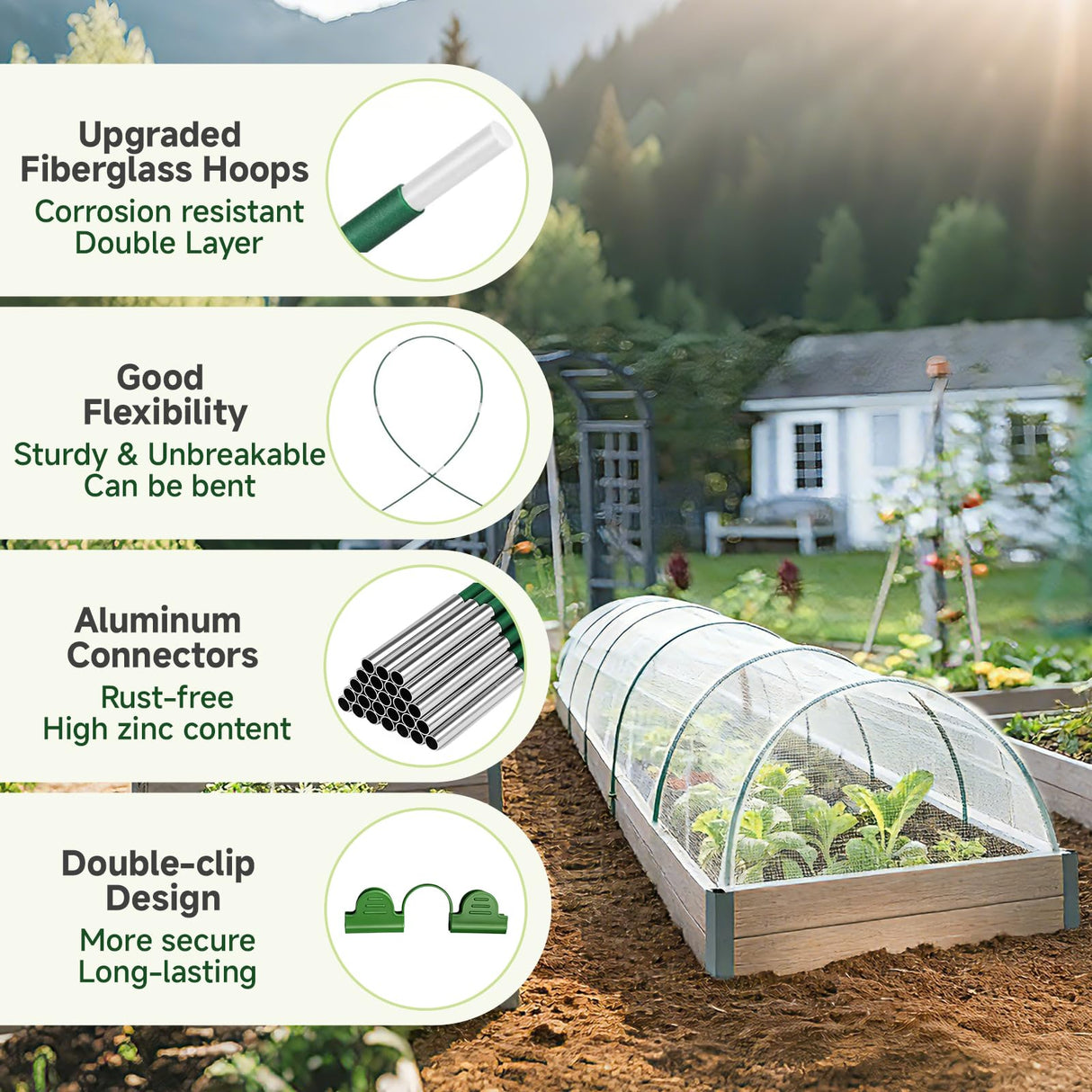 Nsitehalo 36pcs Garden Hoops for Raised Beds with Garden Netting, Rust-Free Fiberglass Greenhouse Hoops Grow Tunnel & Clips, Hoop House Support Frame for Row Cover & Plant Stakes for Vegetables