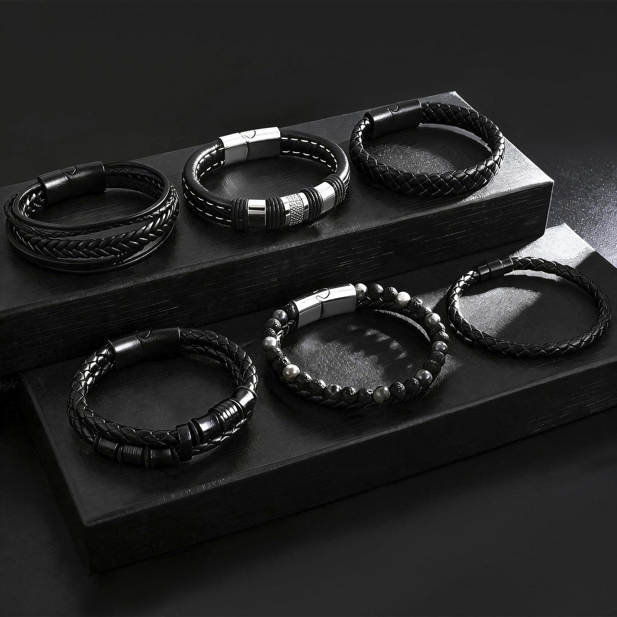 Tiwindx 6 Pcs Leather Bracelet for Men Black Braided Steel Cuff Layered Bracelets Men's Braided Bracelet Set