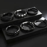 Tiwindx 6 Pcs Leather Bracelet for Men Black Braided Steel Cuff Layered Bracelets Men's Braided Bracelet Set
