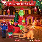 7FT Christmas Inflatable Outdoor Decoration, Green Monster and Dog Max on Sleigh with LED Lights Blow Up Yard Decorations Outdoor Lawn Garden Christmas Inflatable Decorations