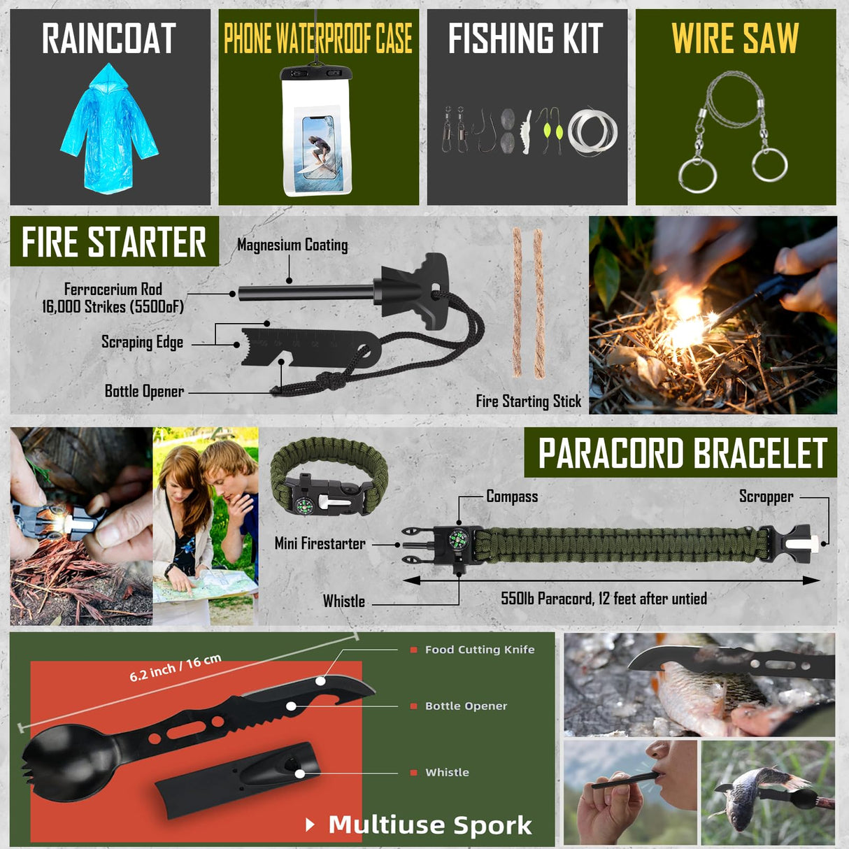 Survival Kit, 268 Pcs Emergency Survival Gear and Equipment Supplies with First Aid Kit, Camping Axe, Headlamp, Tent, Crossbody Bag for Camping Hiking, Hunting, Car, Gift for Christmas Men, Dads, Him