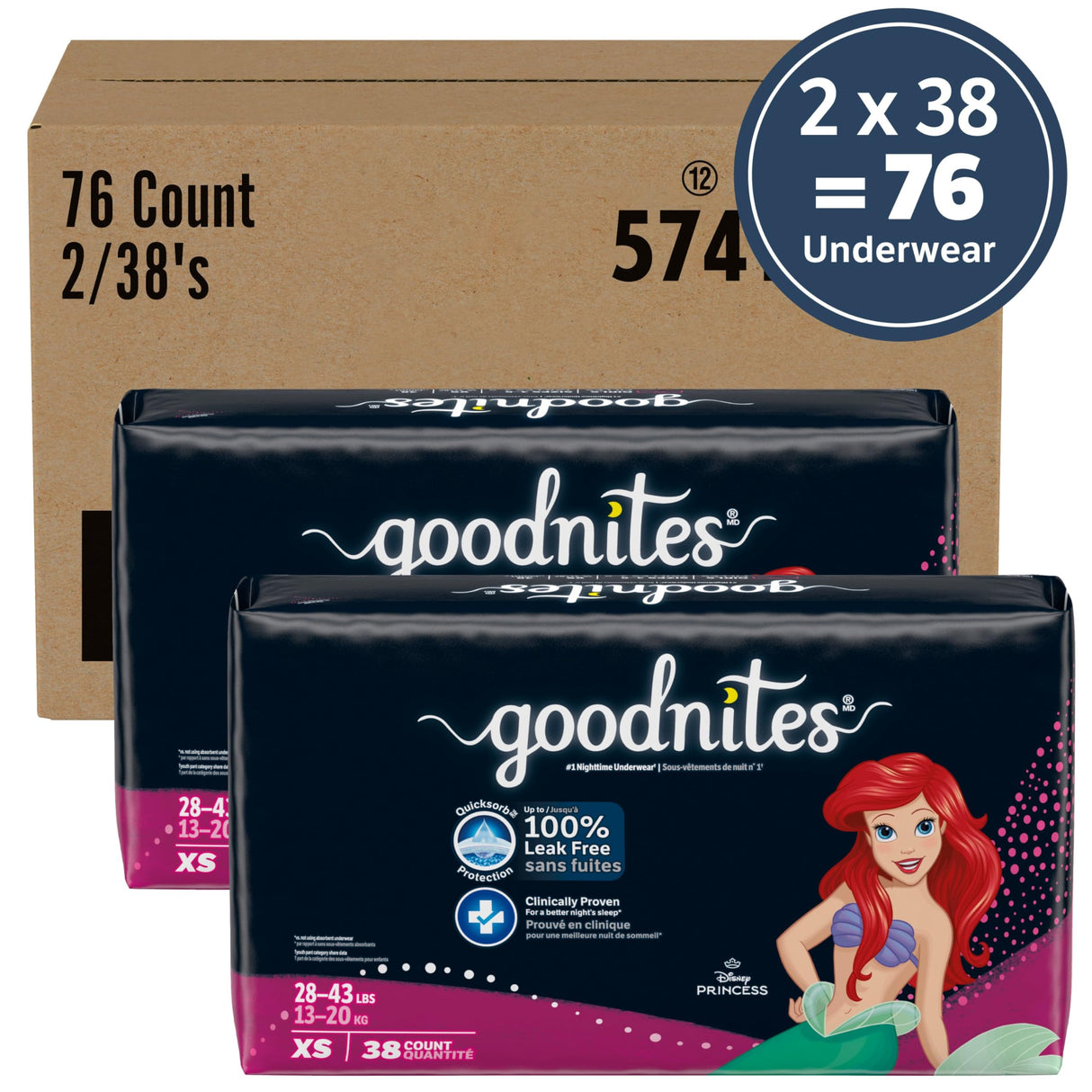Goodnites Girls' Nighttime Bedwetting Underwear, Size Extra Small (28-43 lbs), 76 Ct (2 Packs of 38), Packaging May Vary