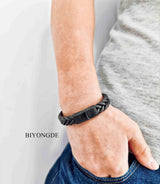 BIYONGDE Handmade Brown Braided Leather Bracelet, Black Stainless Steel Clasp, Mens, Cool Classic Stylish