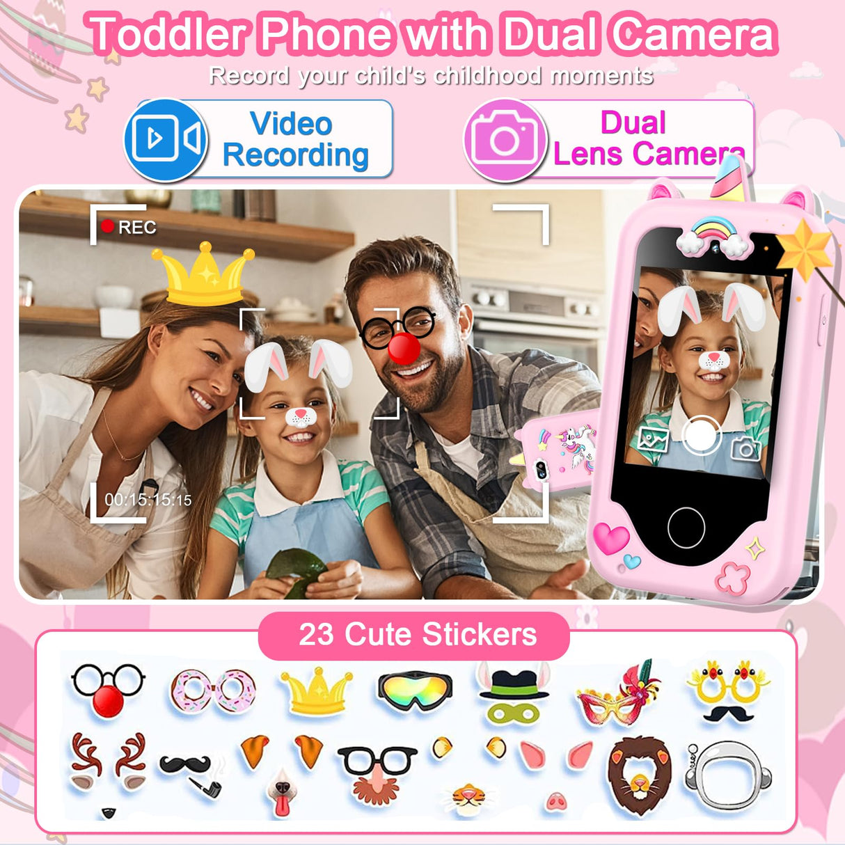Kids Smart Phone for Girls Toys, Gifts for 3-10 Year Old Girl Boy Christmas Birthday Kids Toys, 2.8" Touchscreen Toddler Learning Cell Toy Phone with Dual Camera, Game, Music Player, 8GB Card Pink
