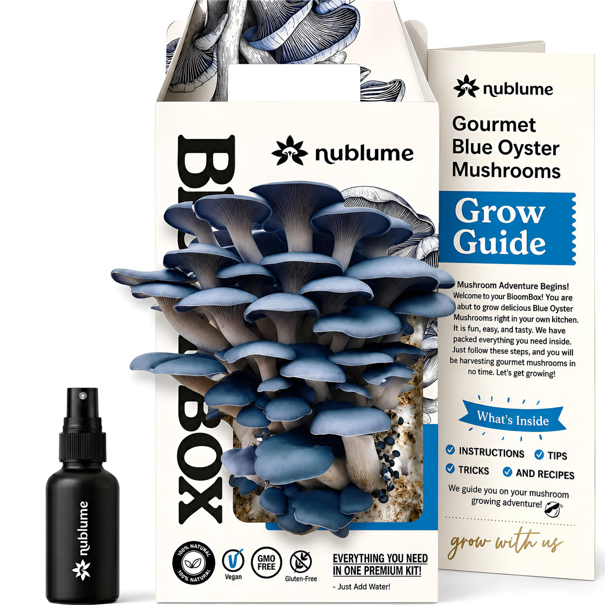 BloomBox Blue Oyster Mushroom Grow Kit – Spray & Grow – Pre-Inoculated Indoor Mushroom Farm – Beginner Friendly – Harvest Fresh Gourmet Mushrooms in Days – Perfect Gift