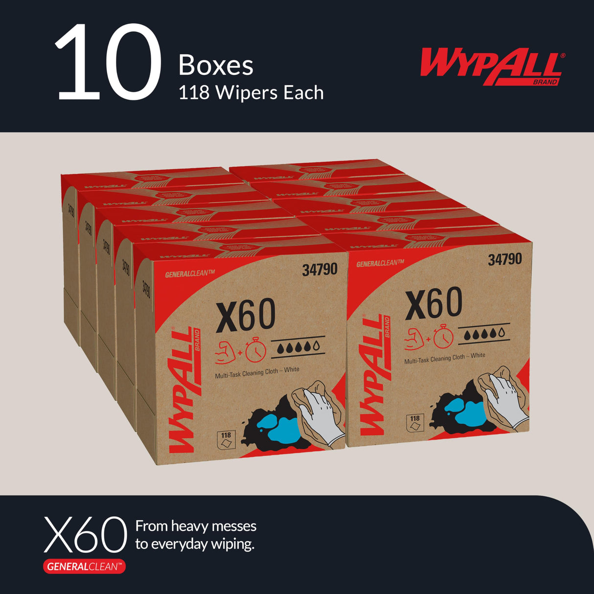 WypAll GeneralClean X60 Cloths Multi-Task Cleaning Wipes (34790), Pop-Up Box, Strong and Absorbent Towels, White (10 Boxes of 118 Sheets, 1,180 Sheet Total)