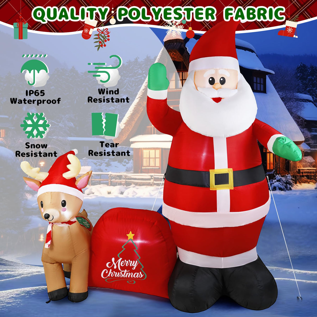 GIFTFIND 7Ft Christmas Inflatable Santa Clau Built-in LED Lights, Outdoor Decoration Santa with Reindeer and Christmas Ball Blow Ups, Holiday Xmas Inflatables Decor for Lawn Yard Garden Outhouse Party