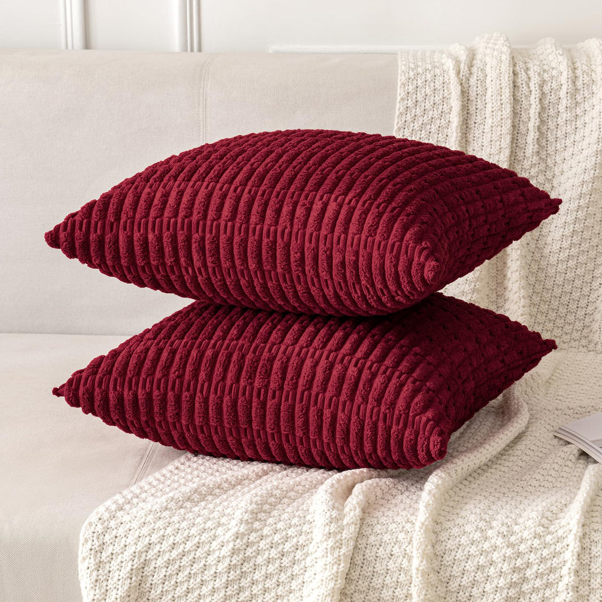 MIULEE Pack of 2 Christmas Burgundy Corduroy Decorative Pillow Covers 20x20 Inch Soft Boho Striped Throw Pillow Covers Modern Farmhouse Home Decor for Sofa Living Room Couch Bed