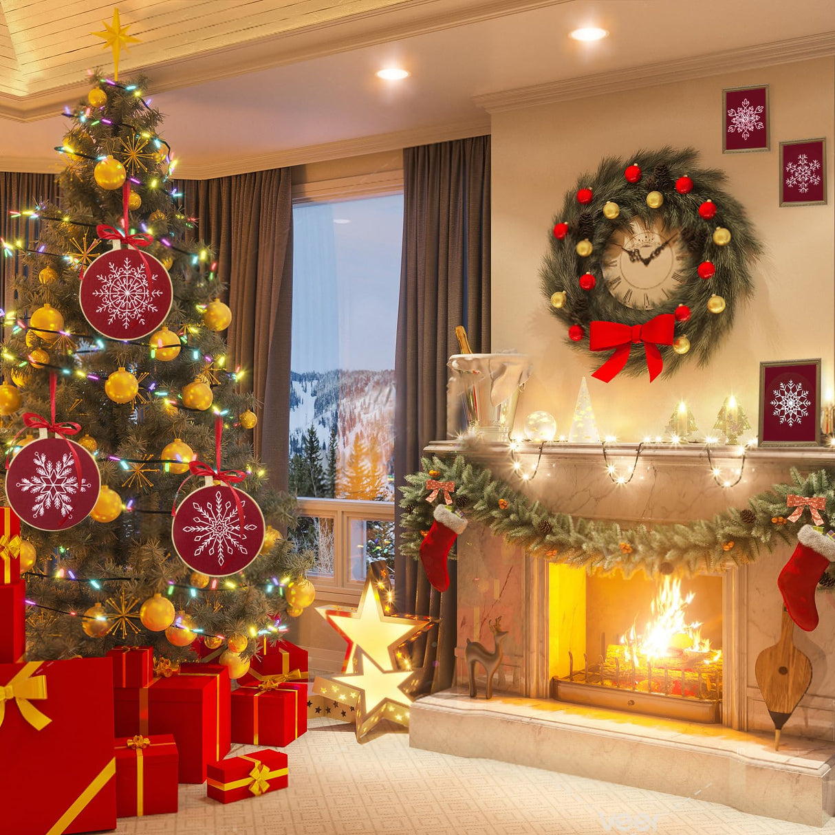 6 Sets Christmas Embroidery kit for Beginners Adults, Antique Red Christmas Ornament Kit Snowflakes Needlepoint Cross Stitch Kits with Patterns, Stitch Learning Kit with Needles Ropes Ribbon-Red