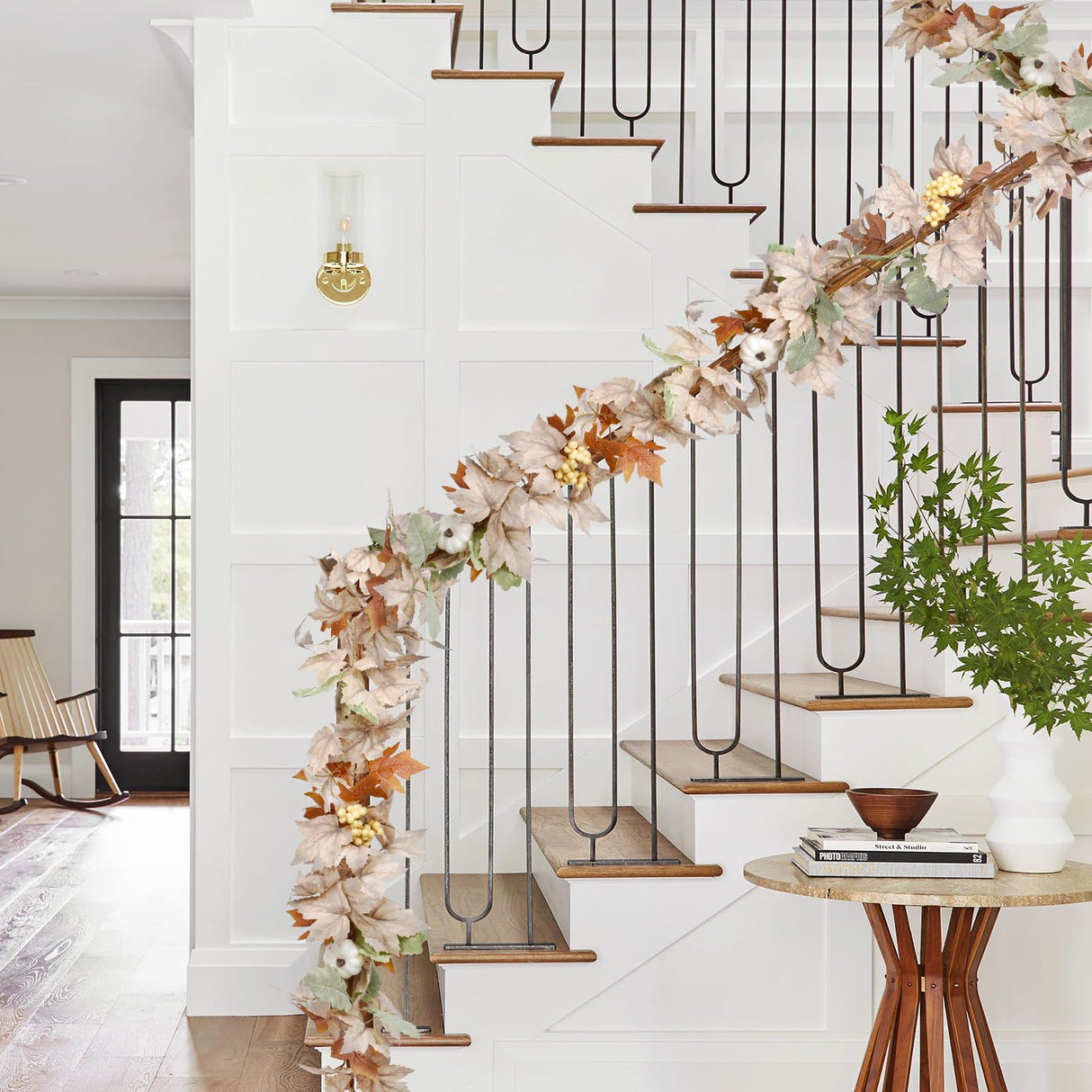 DearHouse 2 Pack Fall Maple Leaf Hanging Vine Garland Artificial Autumn Foliage Thanksgiving Decor for Home Wedding Fireplace Party Christmas (White&Green)