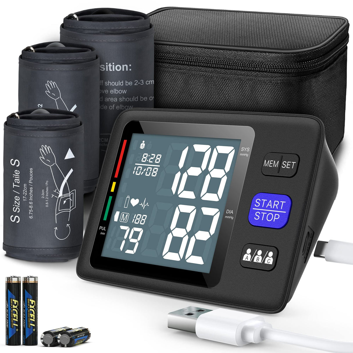 Blood Pressure Machine Upper Arm, 3 Size Cuffs, S, M/L and XL, Small 7"-9", Medium/Large 9"-17" and Extra Large Cuff 13"-21", Accurate Automatic Digital BP Monitor, Large Backlit LCD, 3-User 1500 MEM