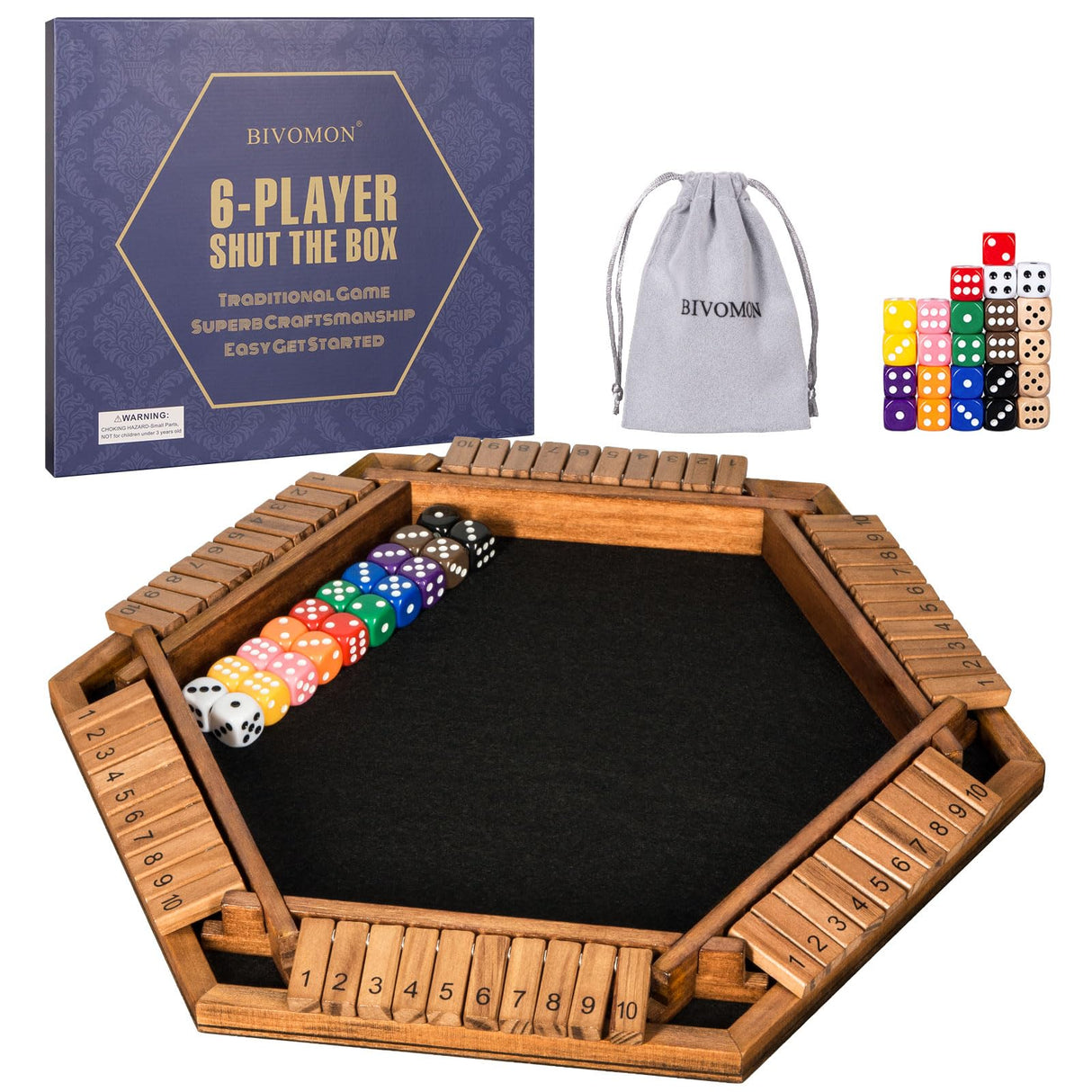 BIVOMON 1-6 Players Shut The Box Dice Game, Wooden Board Table Math Game for Kids Adult with 24 Dice, Close The Box Game for Family, Party, Christmas, Birthday