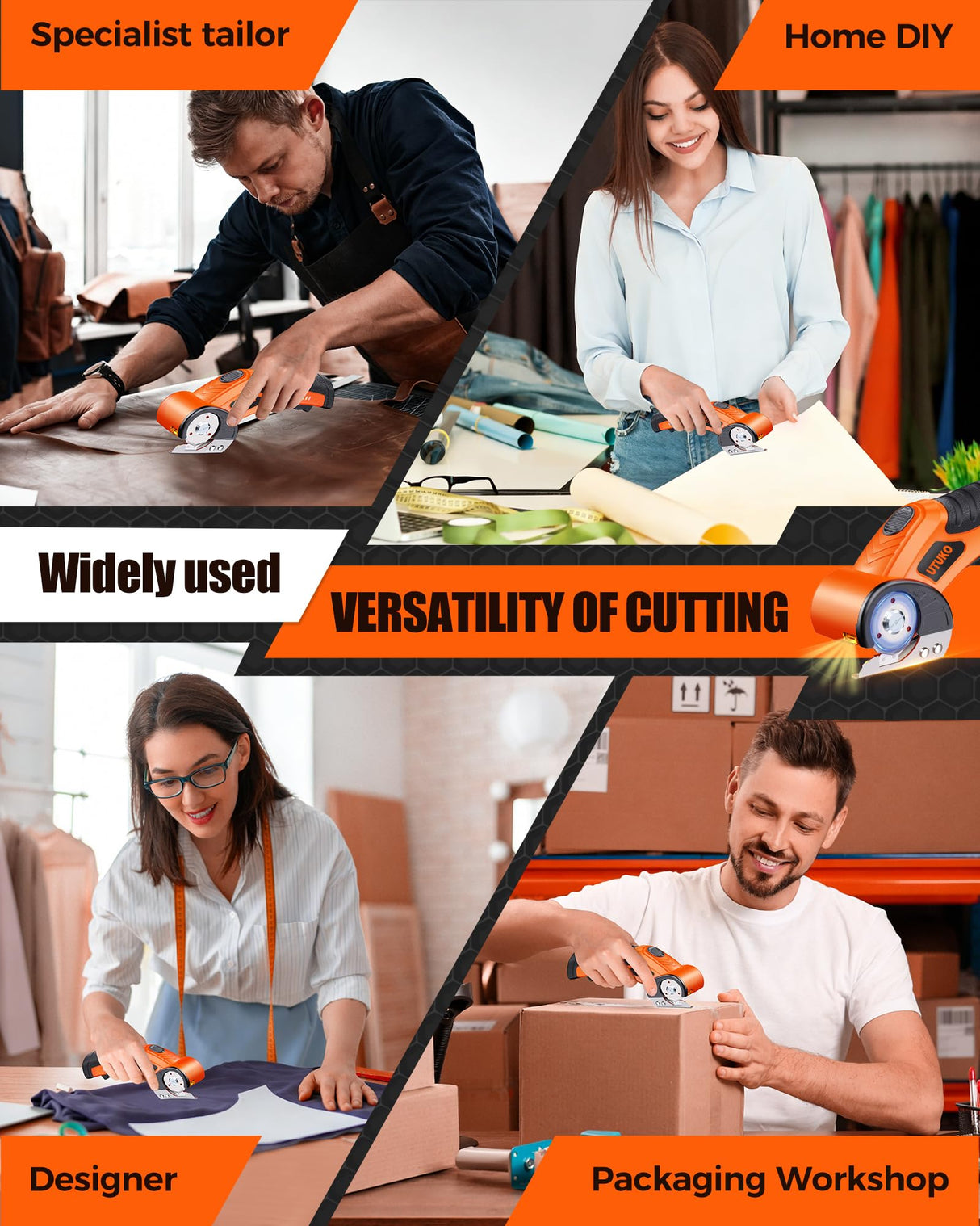 UTUKO Electric Cardboard Cutter – Upgraded High-Power 800RPM Brushless Motor, 3500mAh Cordless Rechargeable Electric Scissors, Heavy Duty Box Cutter for Cardboard, Carton Mat Cutter Blades orange