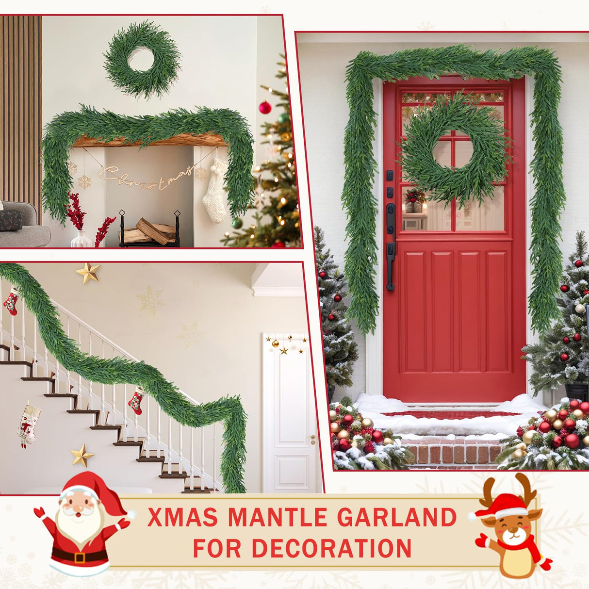 Christmas Cedar Garland for Staircase Real Touch Droopy Bendable Lifelike Faux Xmas Garlands for Decoration Christmas Green Pine Mantle Garland Thanksgiving Table Decorations Outdoor Indoor