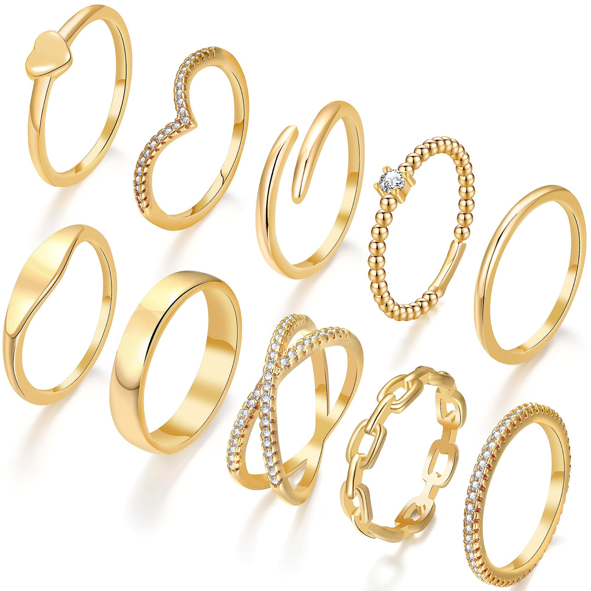 10 PCS 14K Gold Rings for Women, Simulated Diamond Criss Cross, Size 11