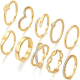 10 PCS 14K Gold Rings for Women, Simulated Diamond Criss Cross, Size 11