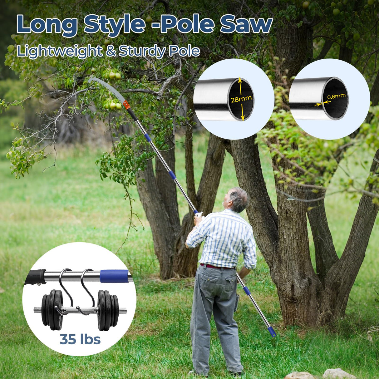 13FT Pole Saws for Tree Trimming with Sharp Pruning Blade | Comfort Grip & 28mm Stainless Steel Tree Trimmer Pole for Yard Garden and Patios High Branches Cutting