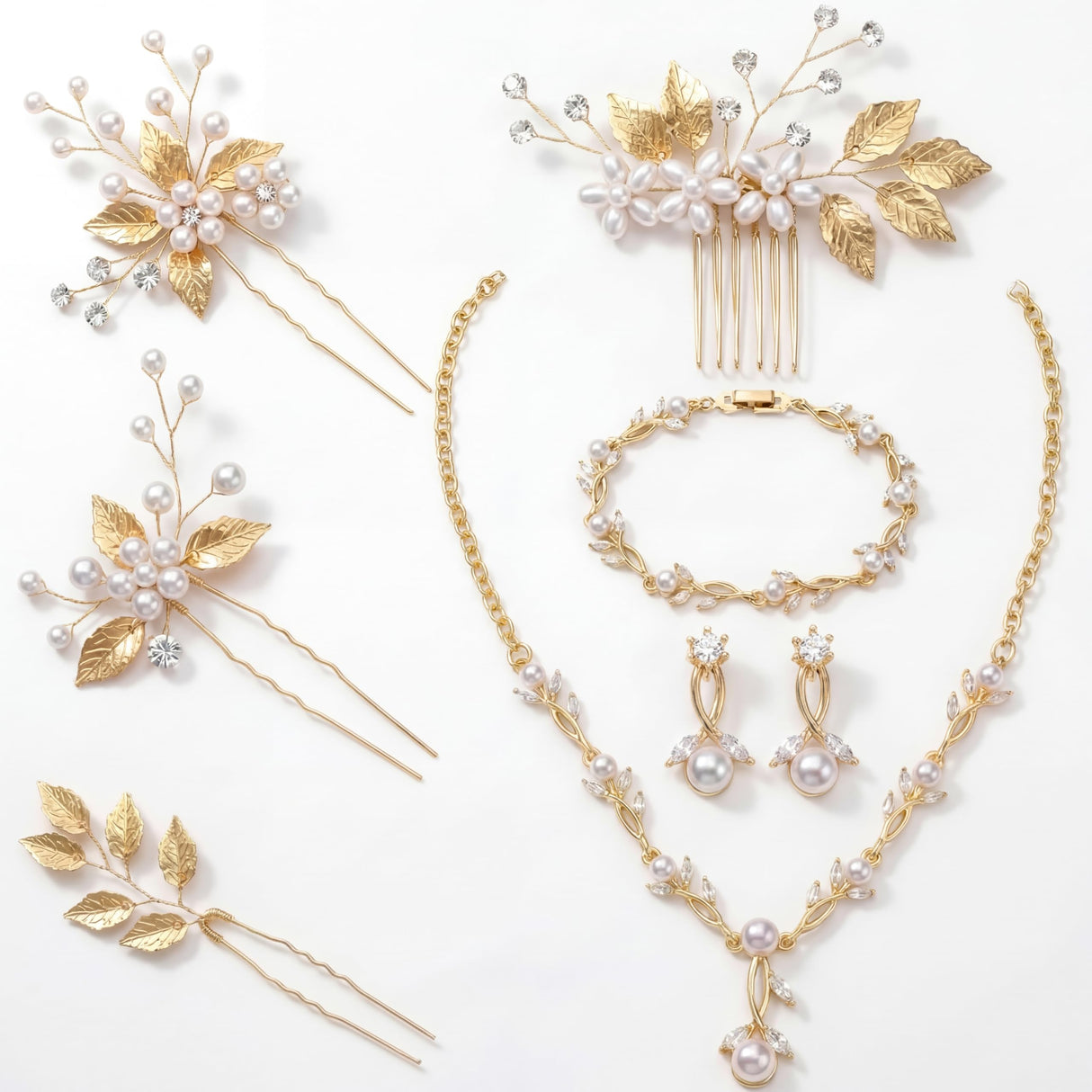 Liliaafar 8 Pcs Crystal Wedding Jewelry Set Women Silver Necklace Earrings Bracelet Hair Pins Gift for Brides Bridesmaid Wife Mother Friend Party Prom Jewelry Accessories (Leaf)