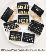 81 Pairs Gold Stud Earrings Set for Women Multipack, Trendy Pearl Cubic Zirconia Butterfly Heart Stud Hoops Earrings Packs, Gold Hoops Earrings for Jewelry Gifts