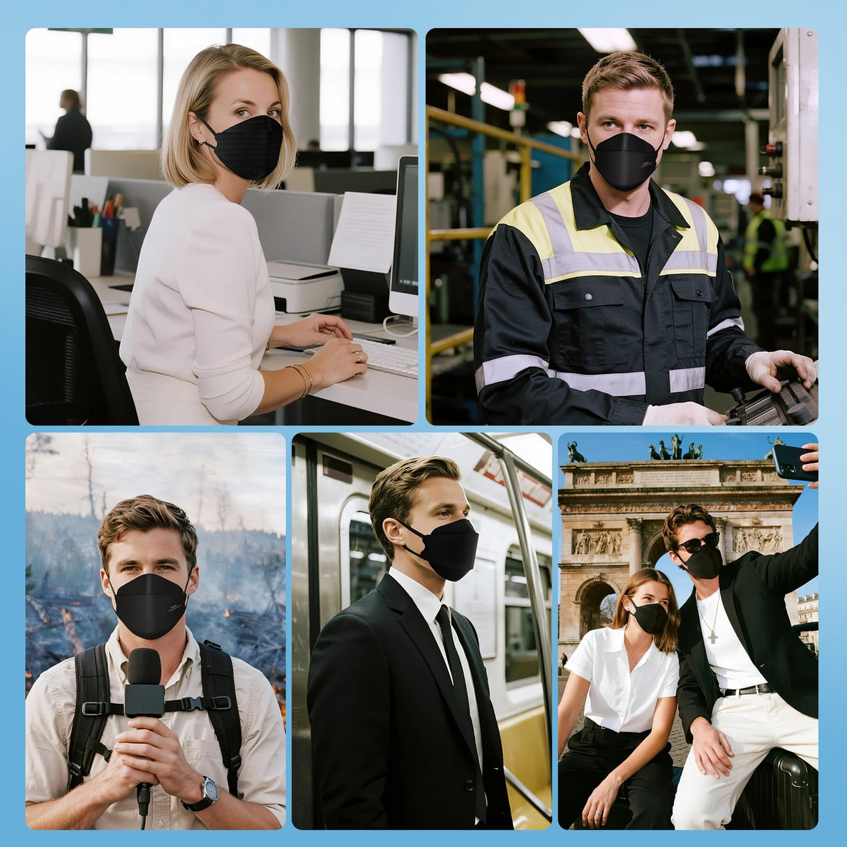 akgk KN95 Face Masks 50 Pack for Adults, 5-Ply Black Disposable Face Mask Against PM 2.5 Smoke and Dust