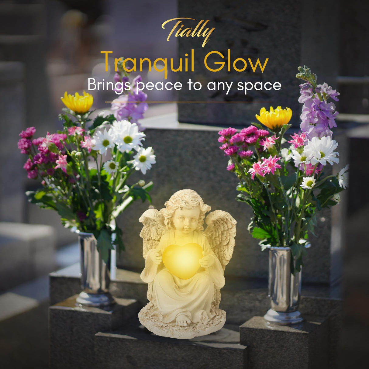 TIALLY Solar Garden Angel Statue – Praying Guardian Angel Statue Light for Outdoor Yard Decor, White Resin Garden Sculpture with Soft Glow for Angels Memorial or Cemetery Use