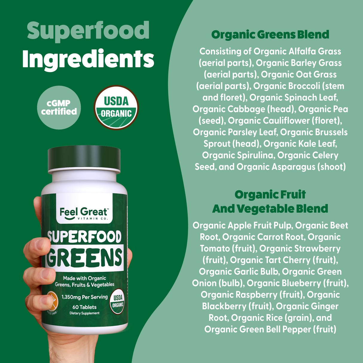 Feel Great Vitamins Super Greens Tablets | Organic Greens, Fruits and Veggies Supplement | Fruit and Veggie Supplement with Kale, Spinach Extract, Green Onion, and More, 60 Tablets
