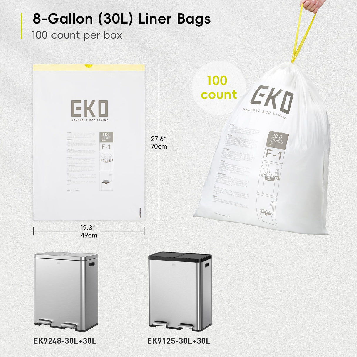 EKO 8 Gallon Trash Bags Drawstring 1.2 Mil - 100 Count White Medium Garbage Bags Unscented, 30 Liter Plastic Kitchen Trash Bags with Easy-Dispense, Code F-1