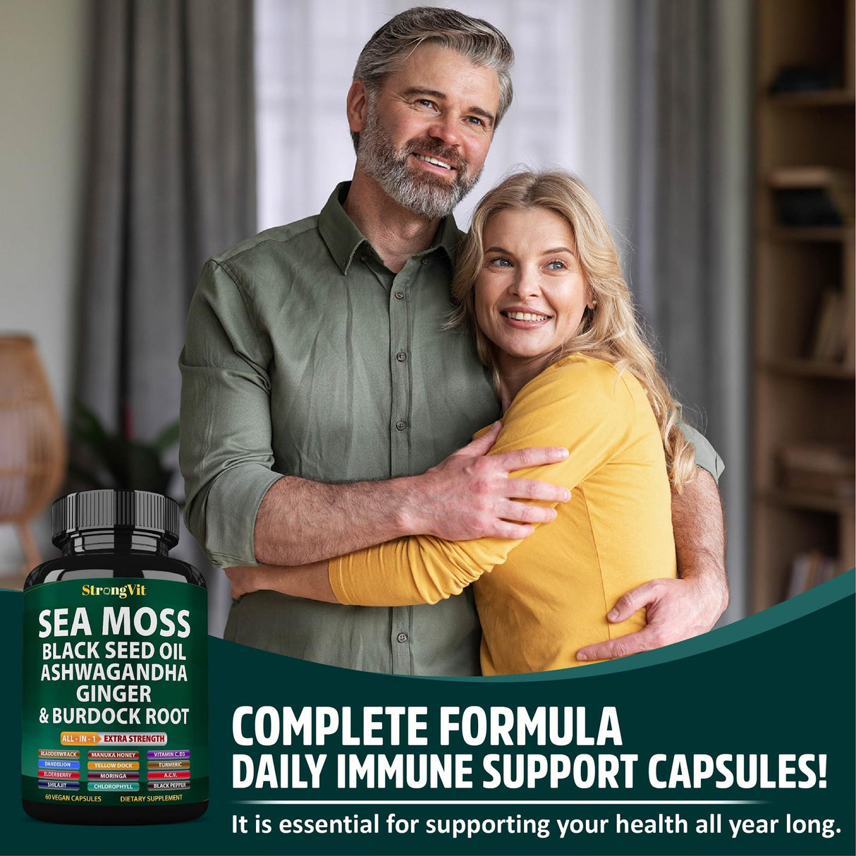 Sea Moss Black Seed Oil Ashwagandha Ginger, Organic Sea Moss Capsules with Burdock Root, Irish Seamoss Pills with Bladderwrack, Turmeric, Shilajit, Multimineral Supplement, USA (60 Capsules)