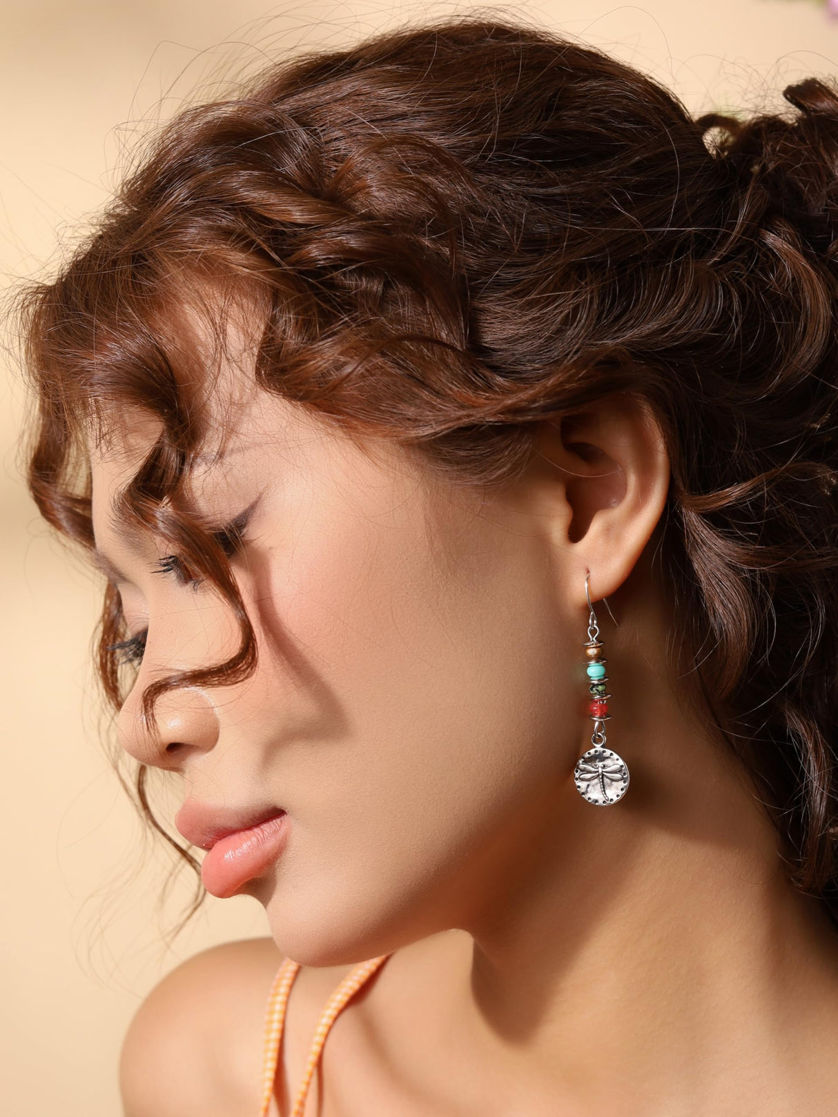 MINACHI Boho Dragonfly Silver-Tone with Stone Bead Accent Dangle Earrings
