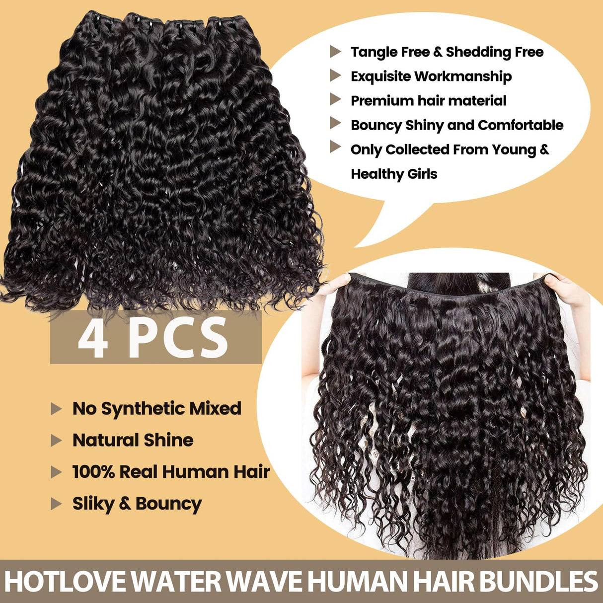 Human Hair Bundles 12A Water Wave Human Hair Bundle 26 24 22 20 inch Wet and Wavy Double Weft Burmese Curly 4 Bundles Hair Extensions Natural Deep Wave Bundle for Women