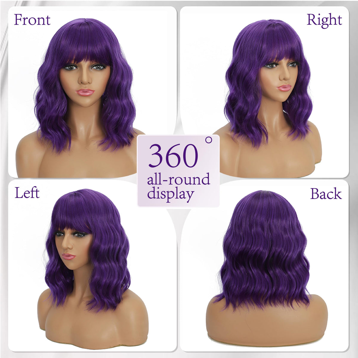Mxayhnajxl Dark Purple Wigs with Bangs for Women 14 Inch Short Wavy Bob Wigs Synthetic Bob Wig Curly Wig Heat Resistant Colorful Wavy Wig Cosplay Wigs For Daily Party Halloween