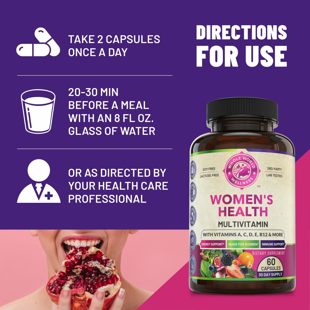 Womens Daily Multivitamin Multimineral Supplement for Energy, Mood, Focus, Hair, Skin & Nails. Made for Women with 30+ Nutrients, Fruit & Energy Blend. Womens Vitamins 60 Capsules. Made in the USA.